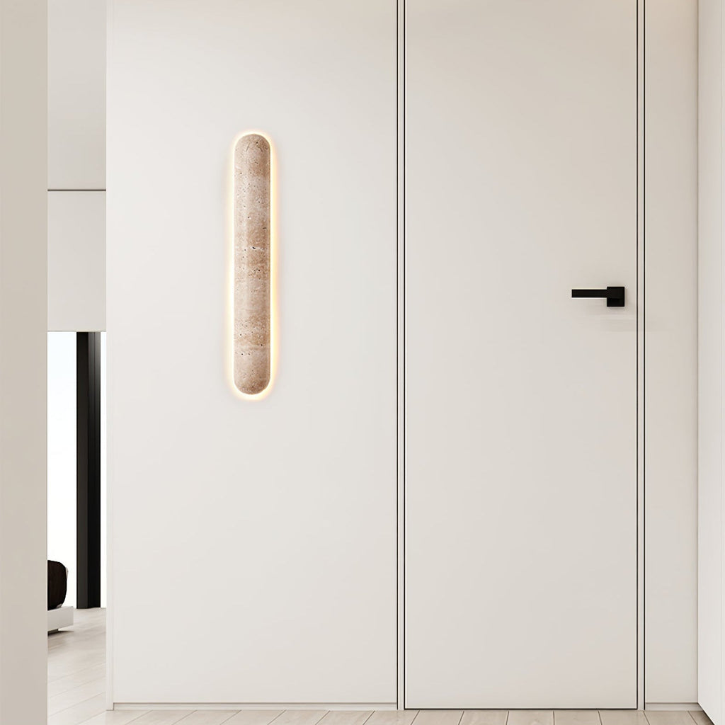 Backlit travertine wall light, slim stone bar with a warm halo (12)