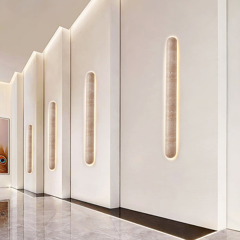 Backlit travertine wall light, slim stone bar with a warm halo (16)