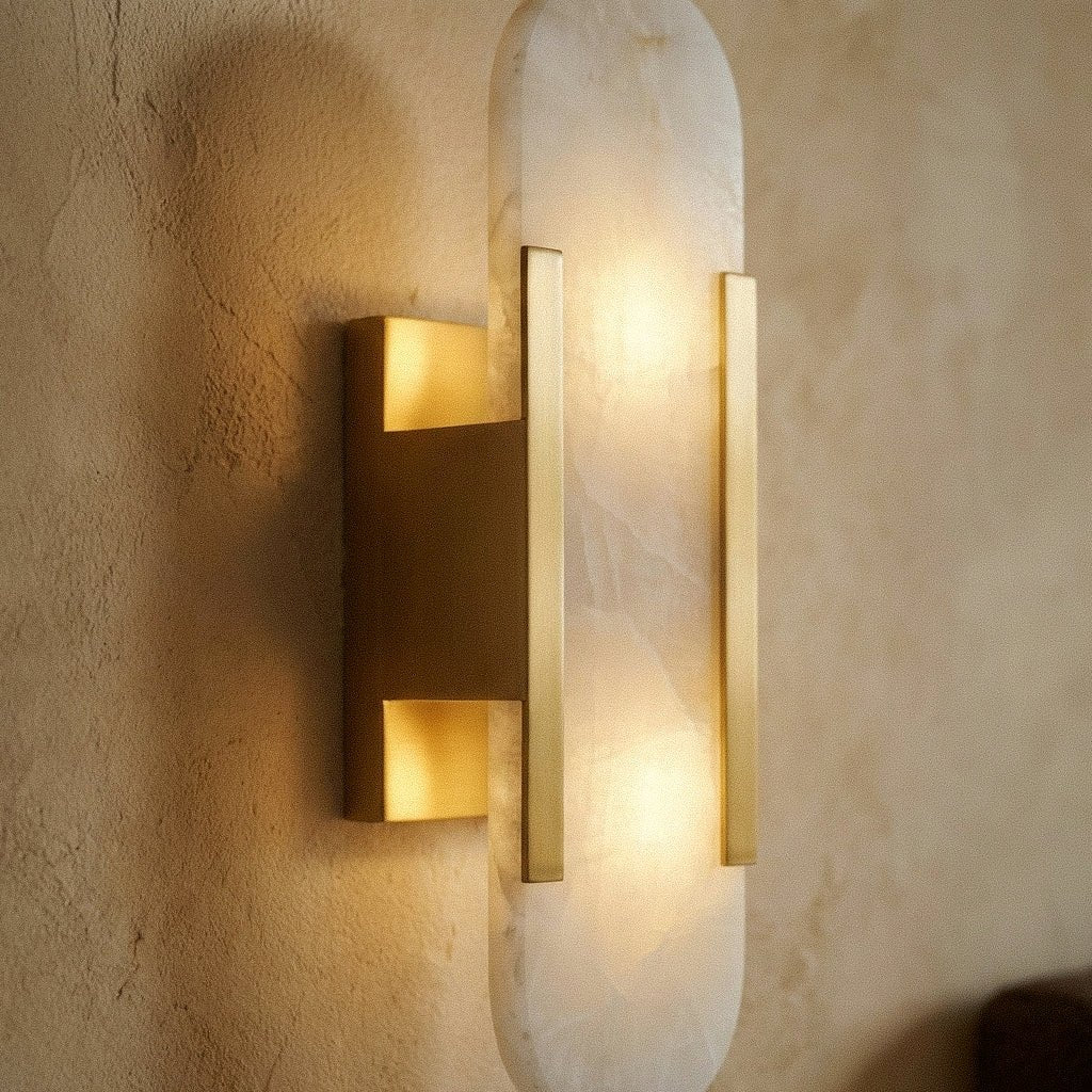 Sculpted Alabaster Wall Light - Gold or Black Metal Frame