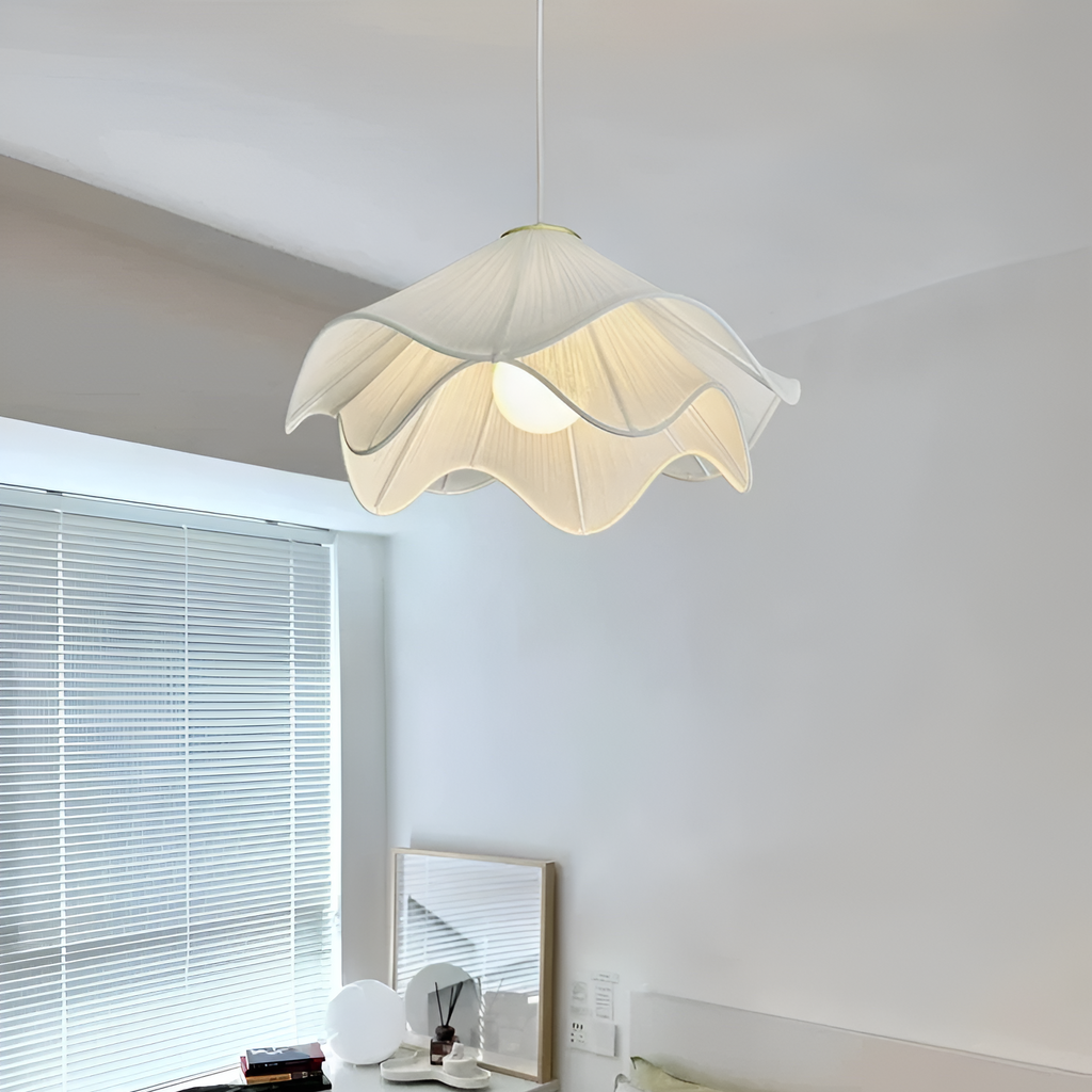 Japandi Rippled Fabric Pendant Light – Matt White LED Shade