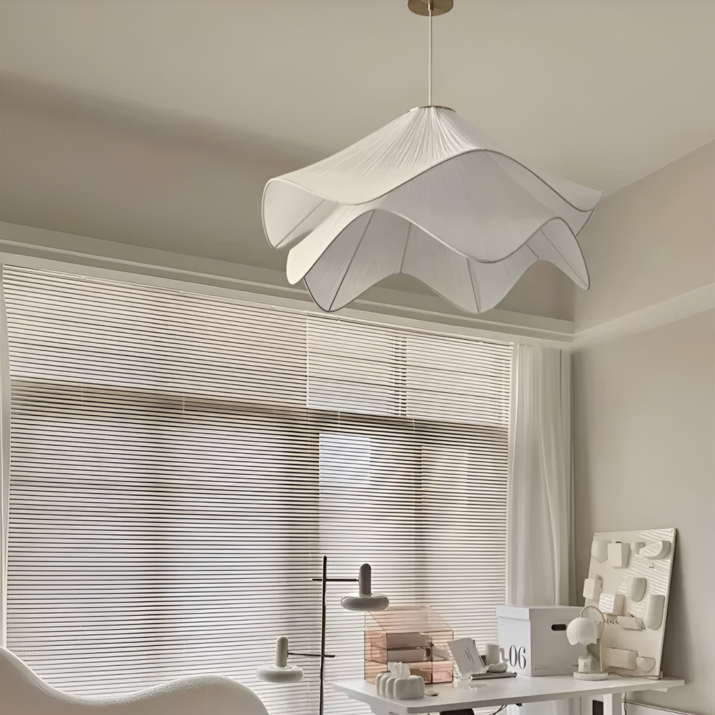 Japandi Rippled Fabric Pendant Light – Matt White LED Shade