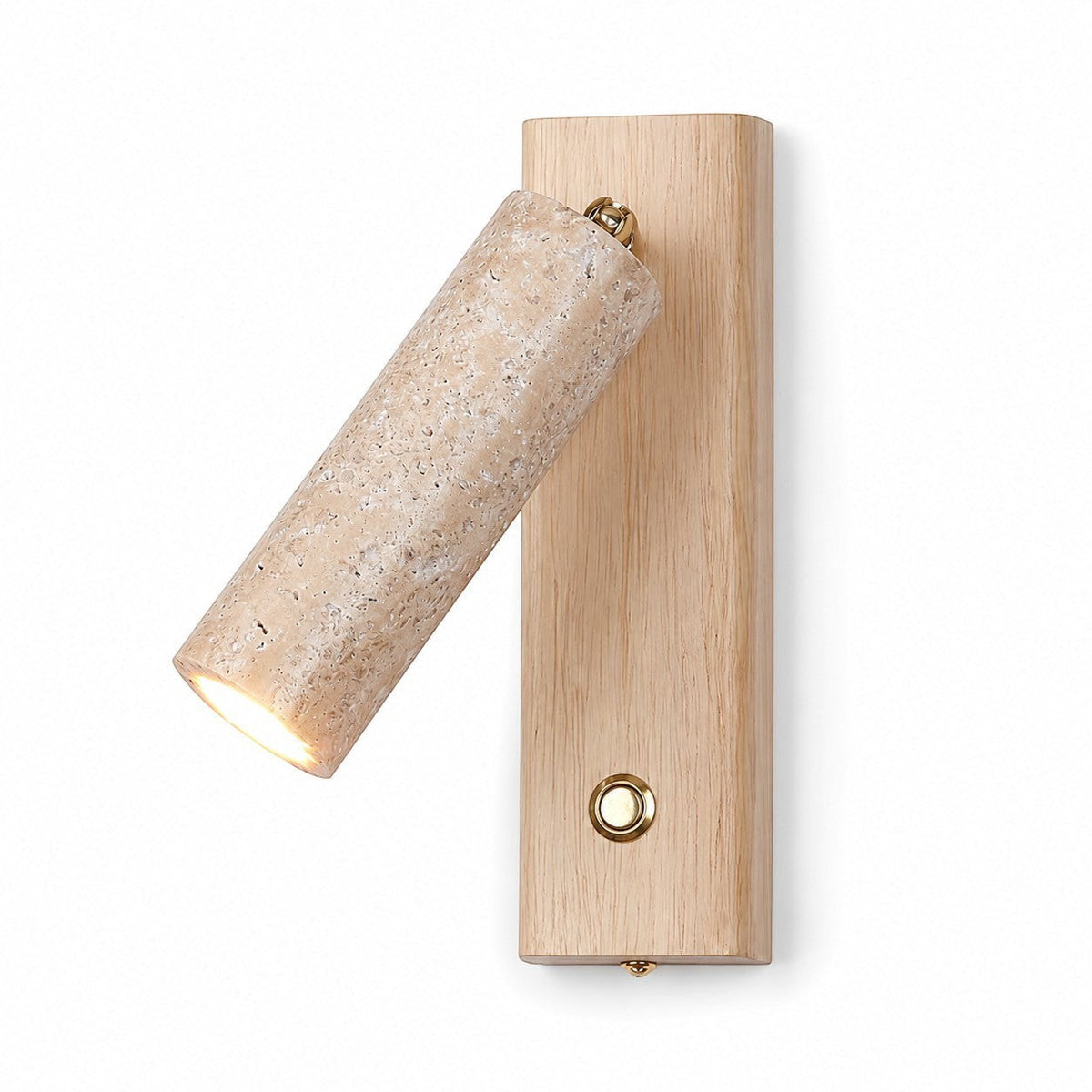 Lumiris cylindrical wall light in yellow travertine and walnut, adjustable LED lighting.