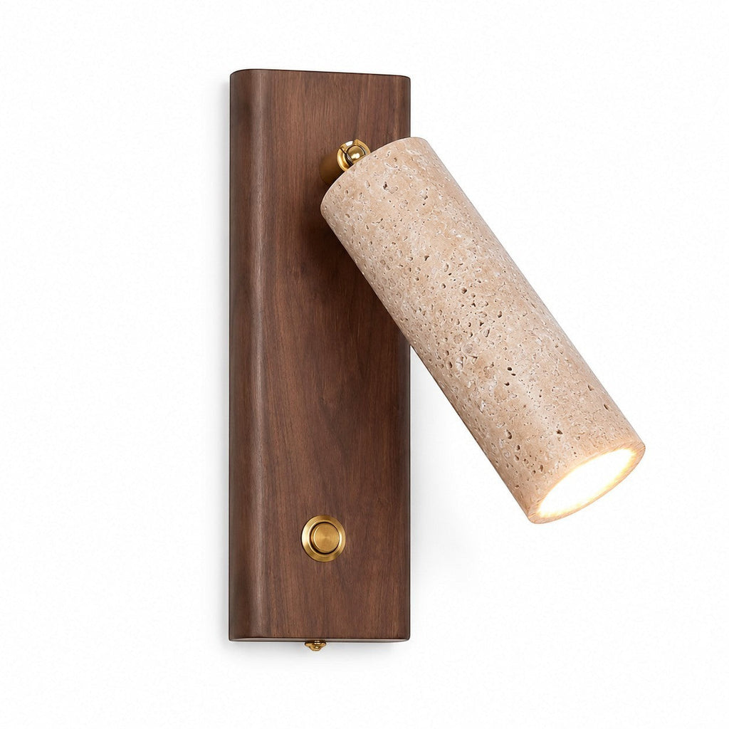 Lumiris cylindrical wall light in yellow travertine and walnut, adjustable LED lighting.