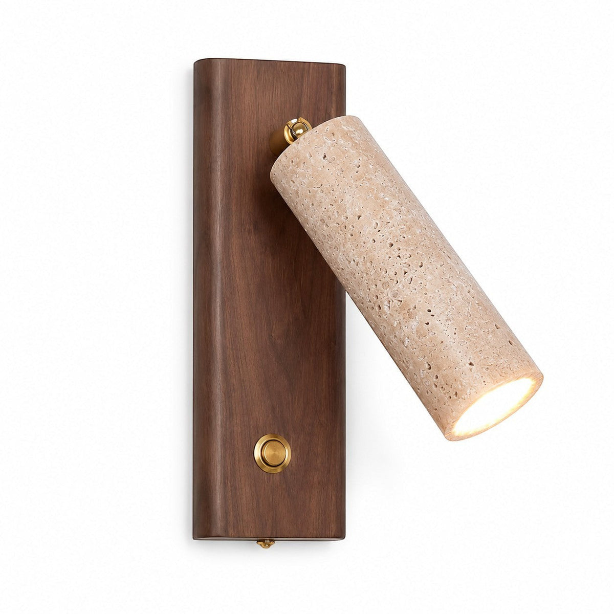 Lumiris cylindrical wall light in yellow travertine and walnut, adjustable LED lighting.