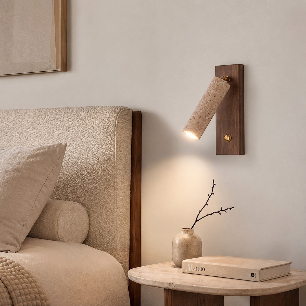 Lumiris cylindrical wall light in yellow travertine and walnut, adjustable LED lighting, modern design for a bedroom.