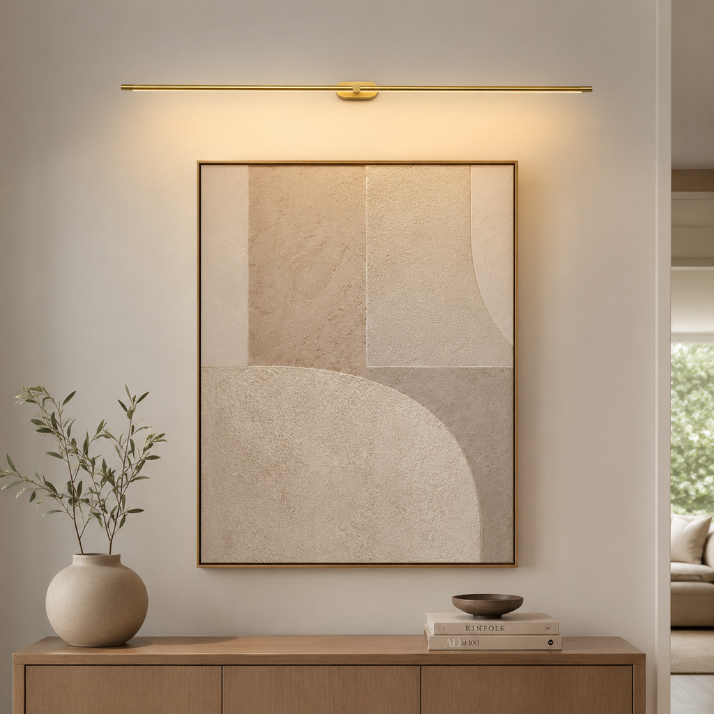 Lumiris gold linear wall light, modern design, warm LED lighting.