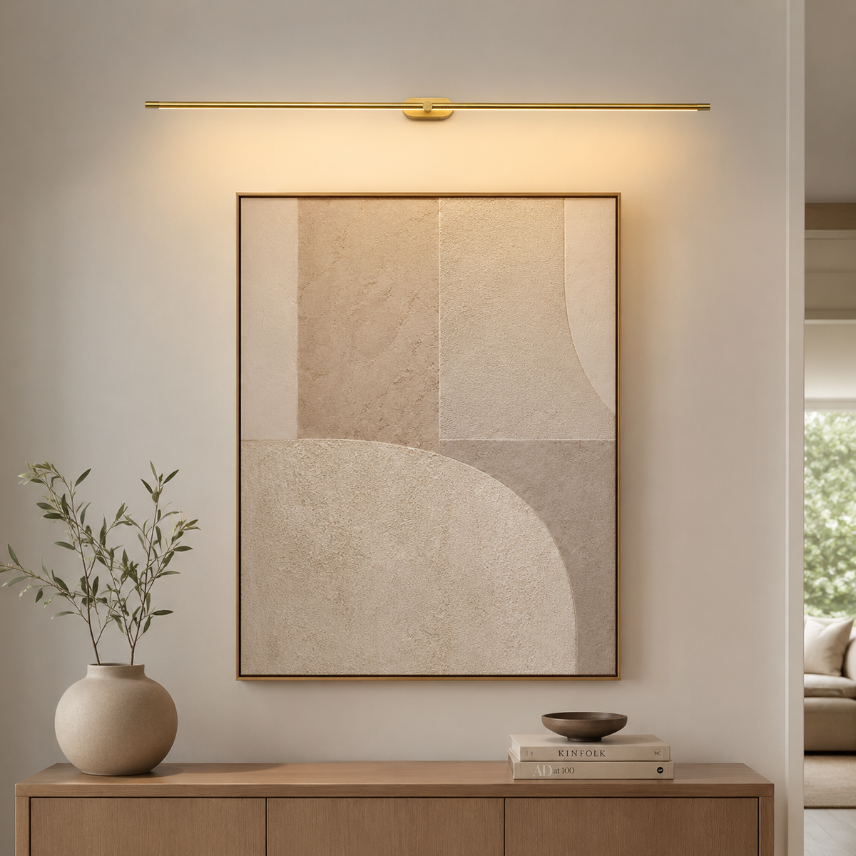 Lumiris gold linear wall light, modern design, warm LED lighting.