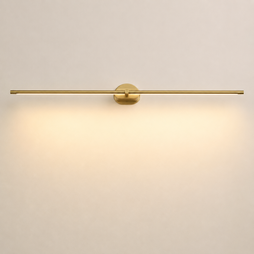 Lumiris gold linear wall light, modern design, warm lighting, hardwired.
