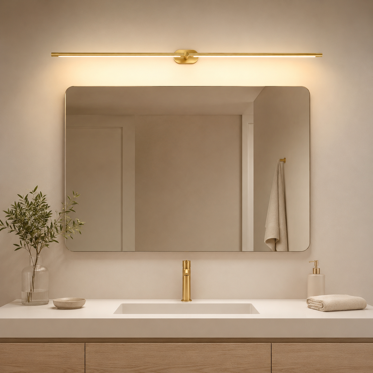 Lumiris gold linear wall light, modern design, warm LED lighting.