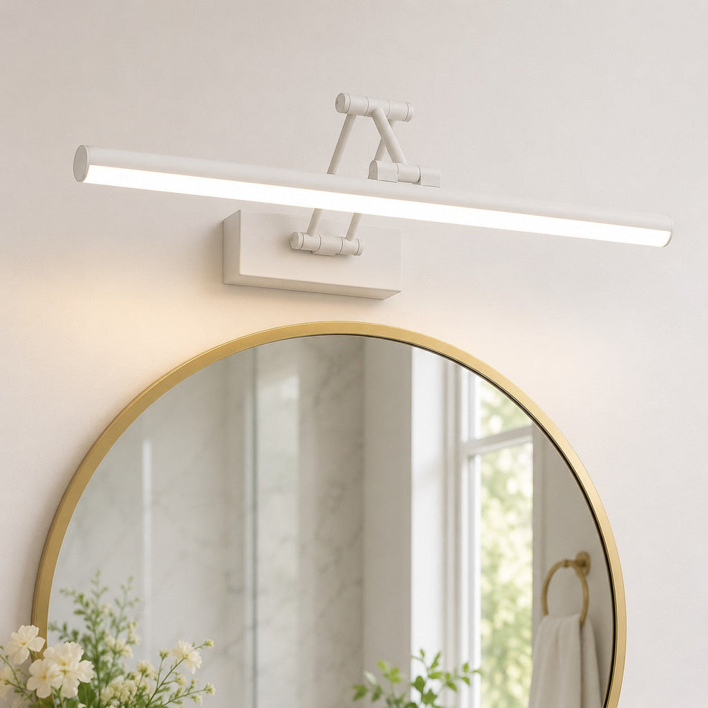 Lumiris adjustable linear wall light in white metal with cool white LED lighting, ideal for a bathroom.