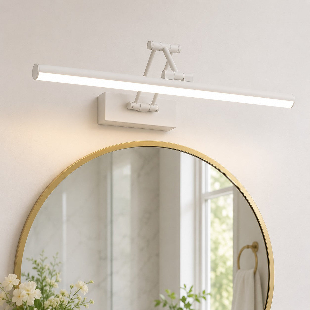 Lumiris adjustable linear wall light in white metal with cool white LED lighting, ideal for a bathroom.