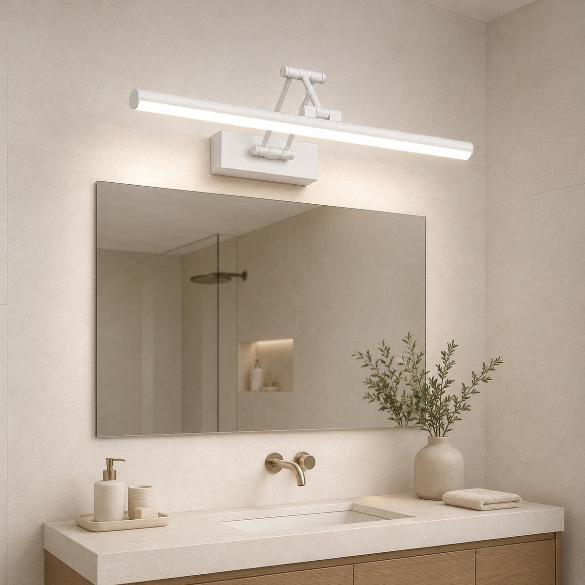 Lumiris adjustable linear wall light in white metal with cool white LED lighting, ideal for a bathroom.