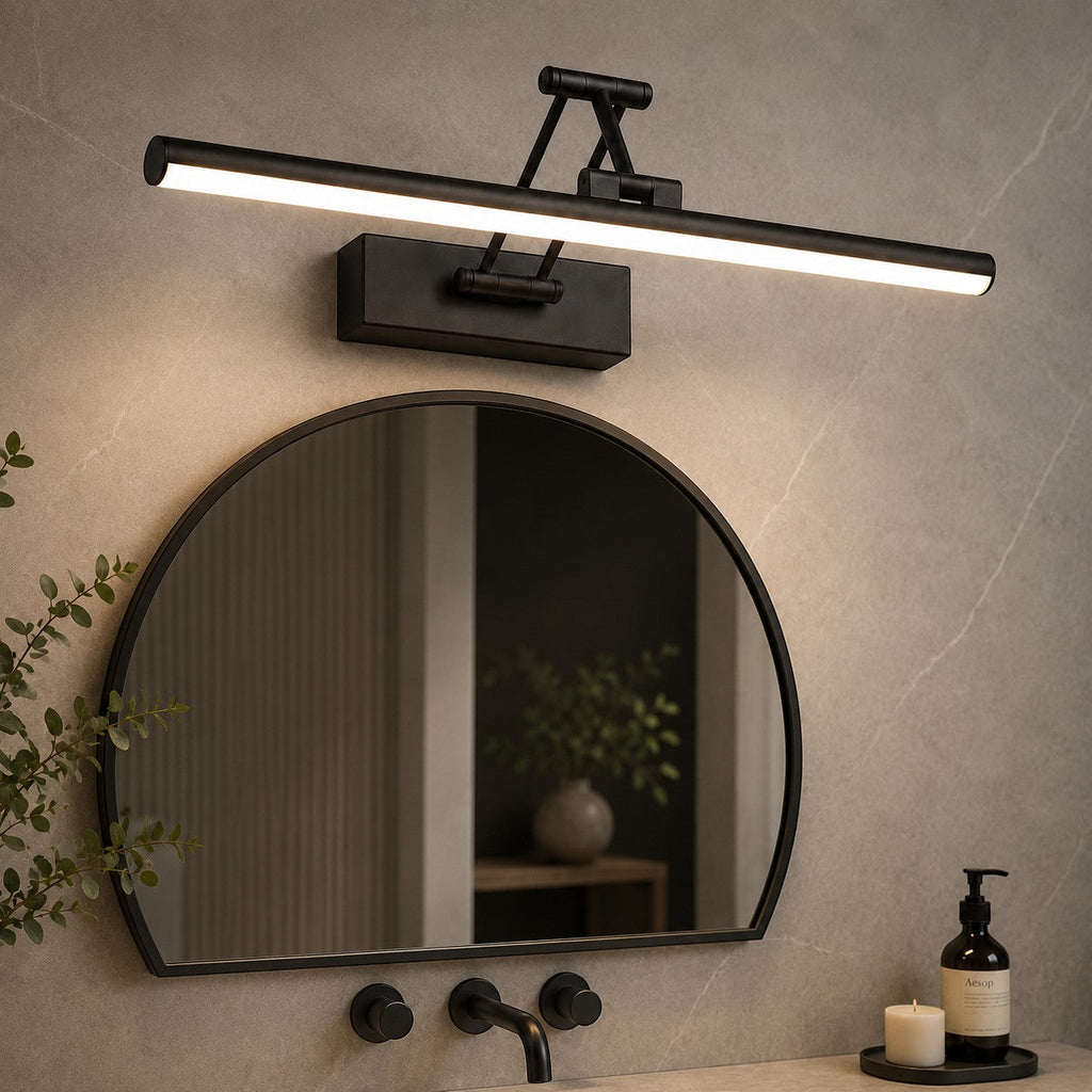 Lumiris adjustable linear wall light in black metal with cool white LED lighting, ideal for a bathroom or living room.