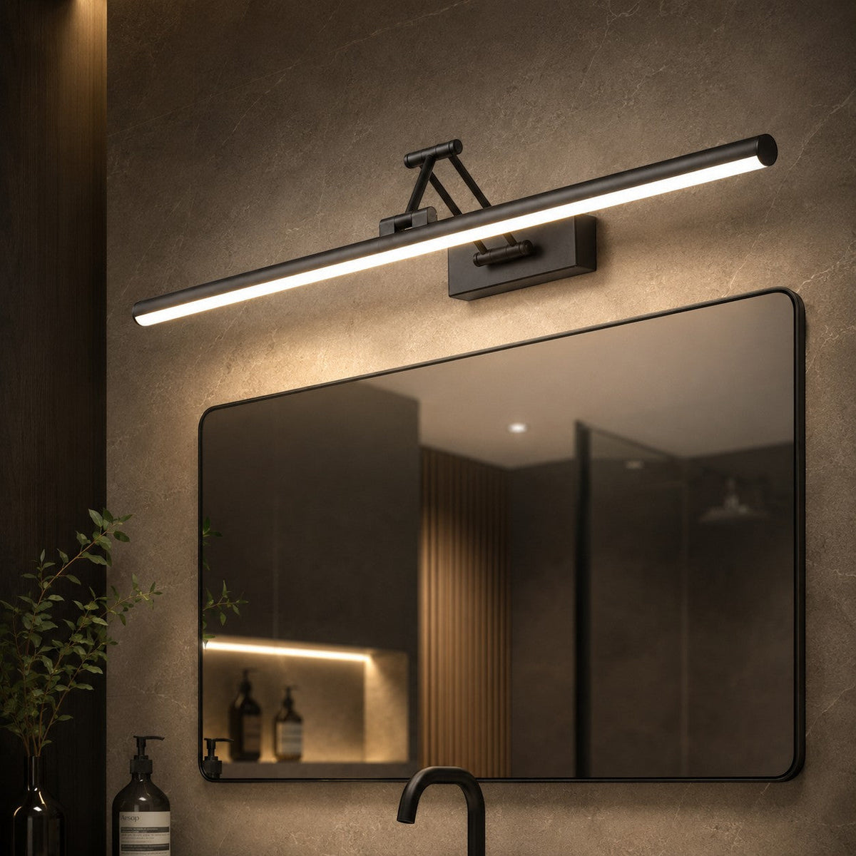 Lumiris adjustable linear wall light in black metal with cool white LED lighting, modern style.