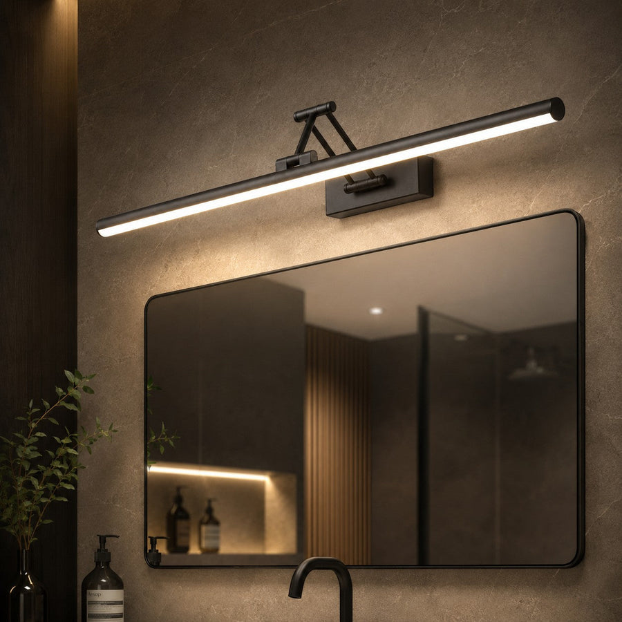 Lumiris adjustable linear wall light in black metal with cool white LED lighting, modern style.