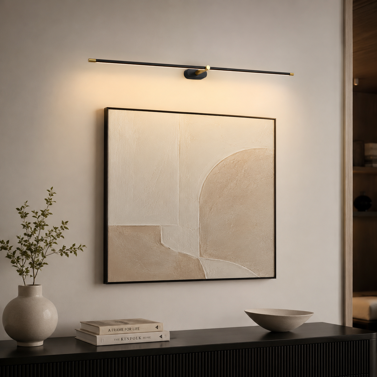 Lumiris gold wall light, modern linear design, warm lighting.