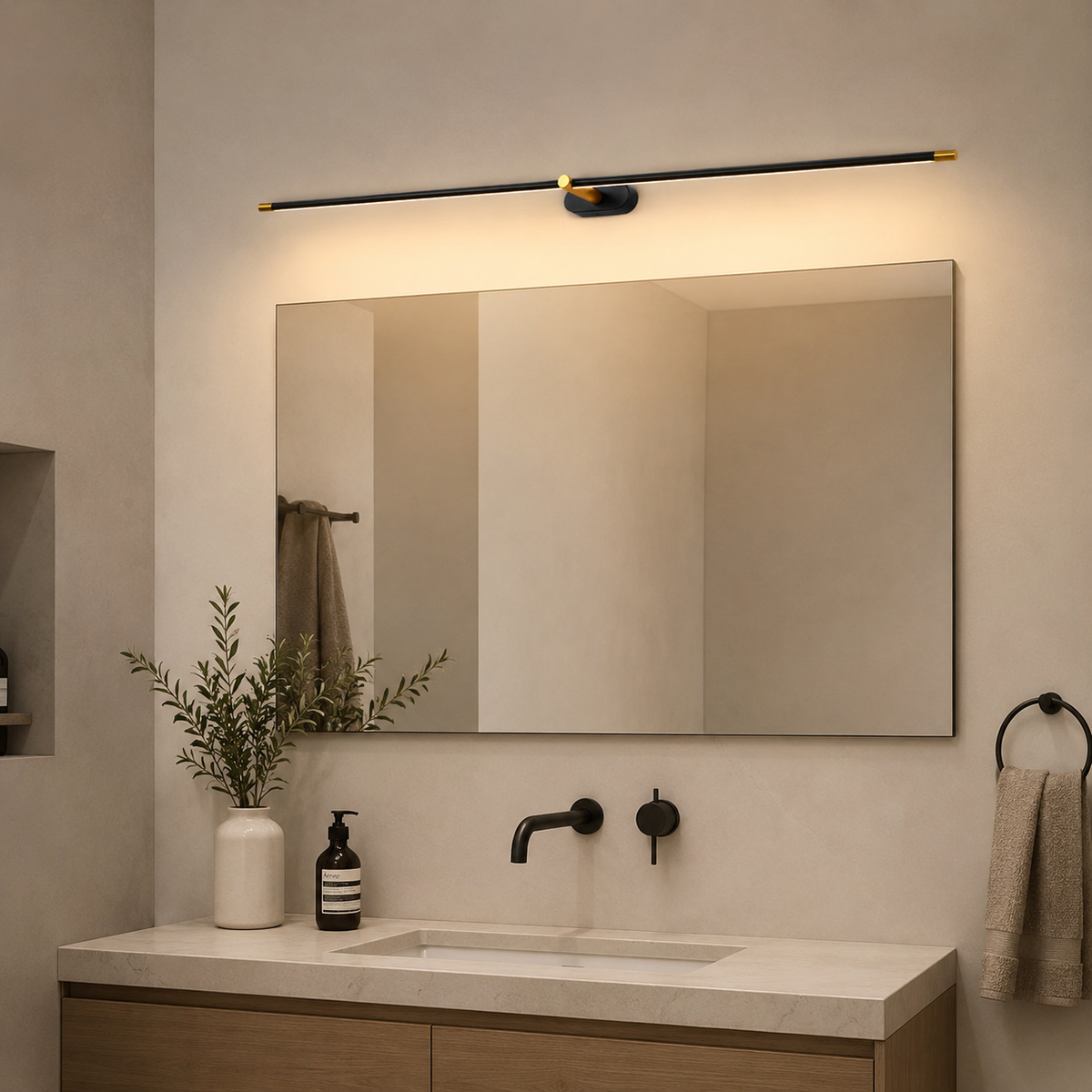Lumiris modern linear wall light, black and gold, warm LED lighting.