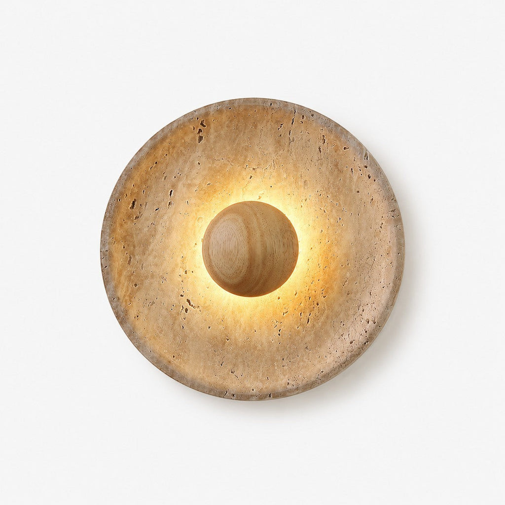 Lumiris sculptural wall light in travertine and wood, soft textured light, modern design.