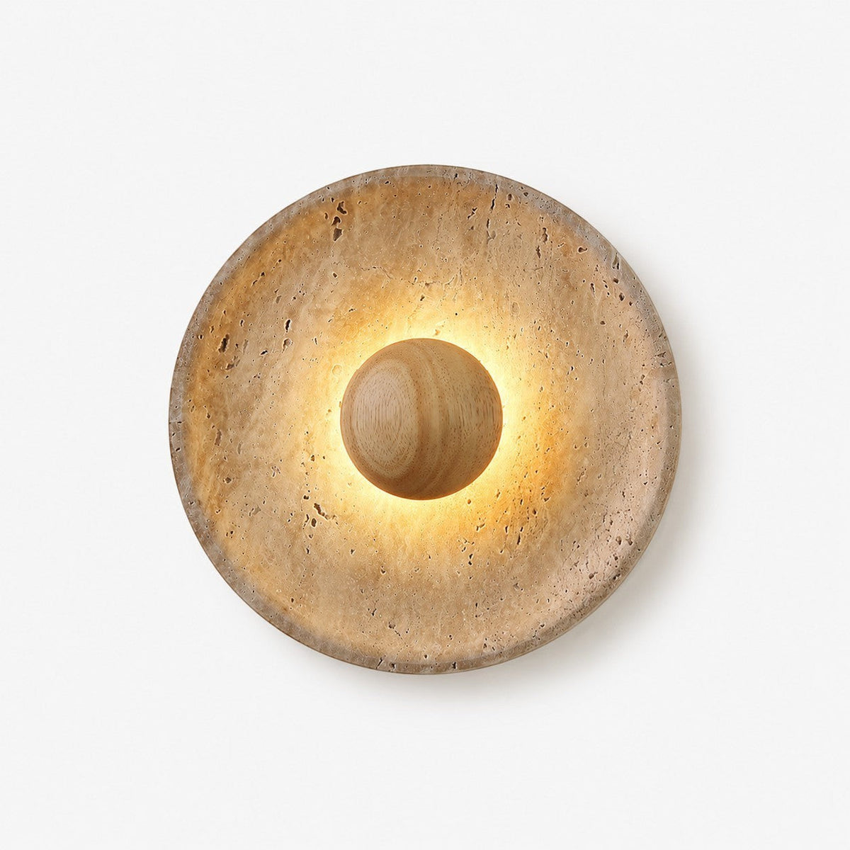 Lumiris sculptural wall light in travertine and wood, soft textured light, modern design.