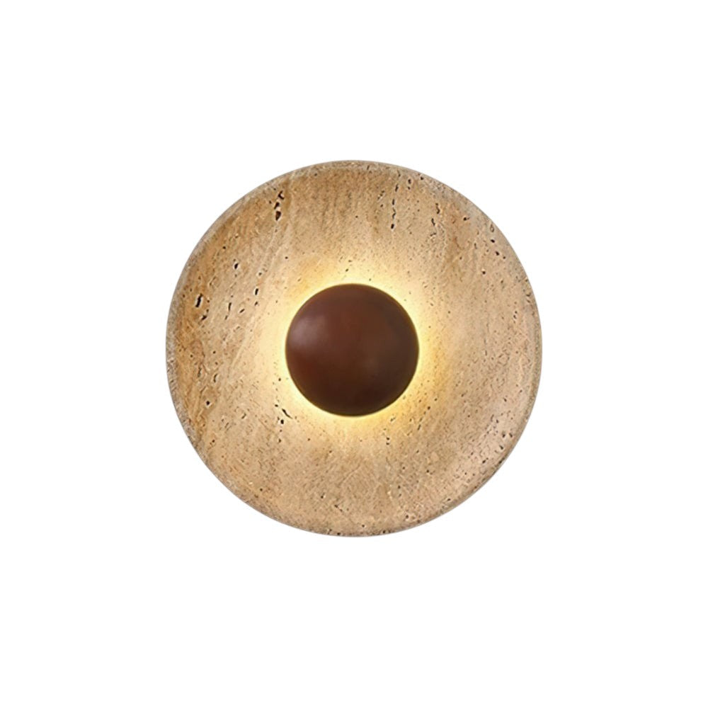 Lumiris sculptural wall light in travertine and wood, warm light, modern design.