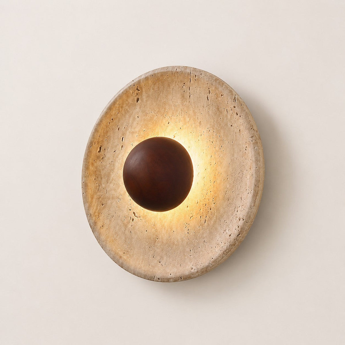 Lumiris sculptural wall light in travertine and wood, warm light, modern design