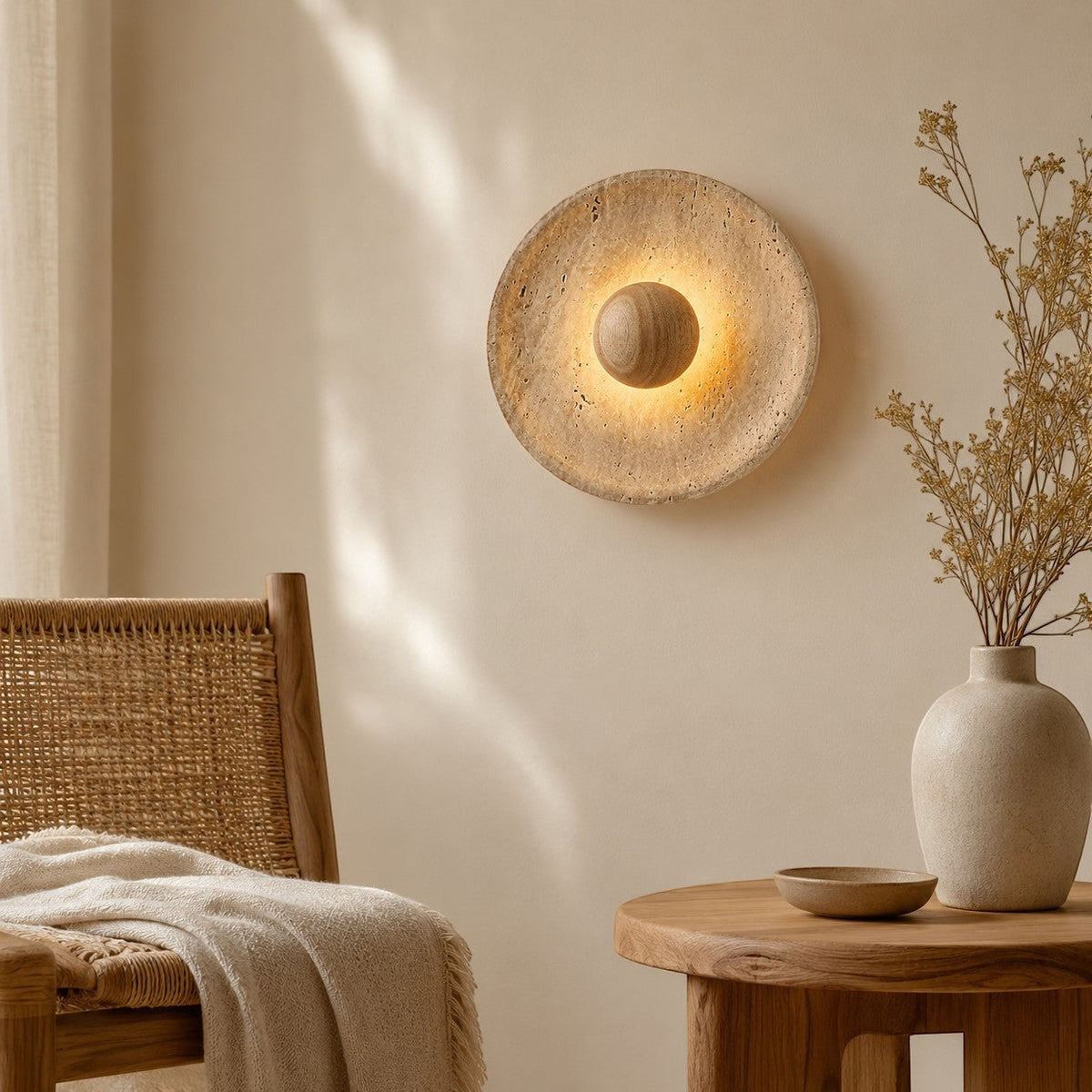 Lumiris sculptural wall light in travertine and wood, soft textured light for a modern interior.