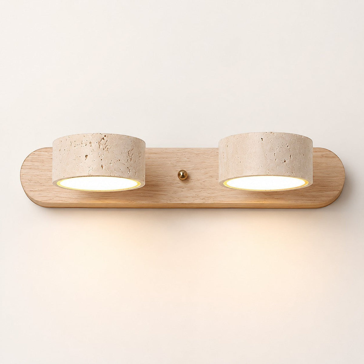 Lumiris wall light in beige travertine and pale wood, minimalist design, indoor lighting, 2 luminous cylinders.