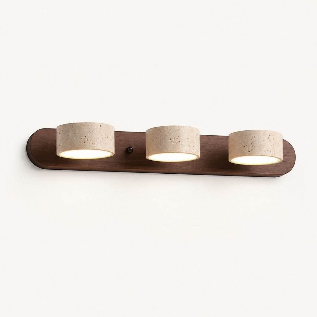 Lumiris wall light in beige travertine and dark wood, minimalist design, 3 cylindrical lights.