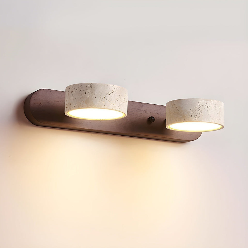 Lumiris wall light in beige travertine and dark wood, minimalist design, indoor lighting.
