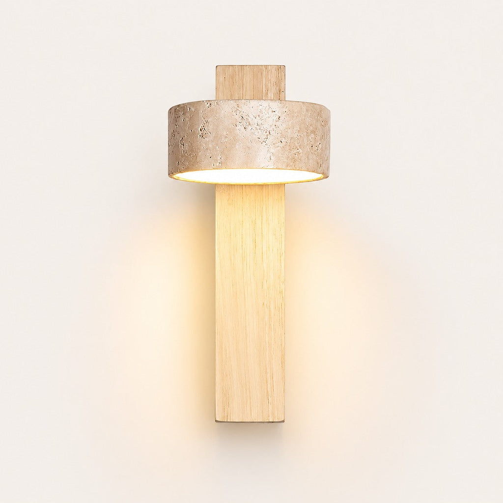 Lumiris wall light in yellow travertine and pale wood, natural elegant design.