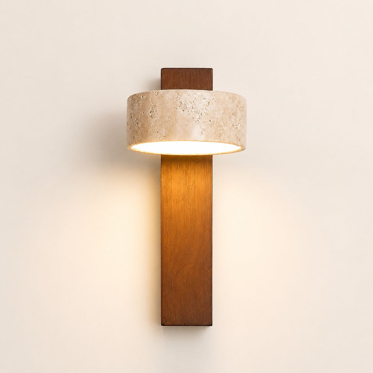 Lumiris wall light in natural travertine and dark wood, modern design, warm lighting.