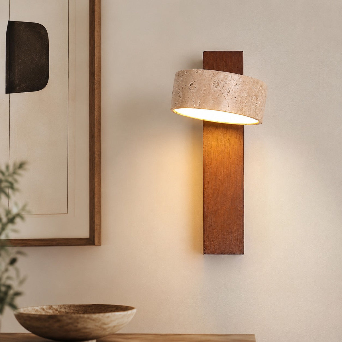 Lumiris wall light in yellow travertine and wood, natural elegant design, interior lighting.
