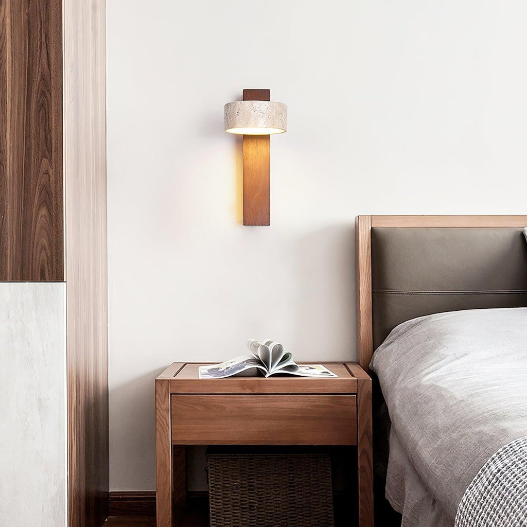 Lumiris wall light in travertine and wood, natural design lighting for a bedroom