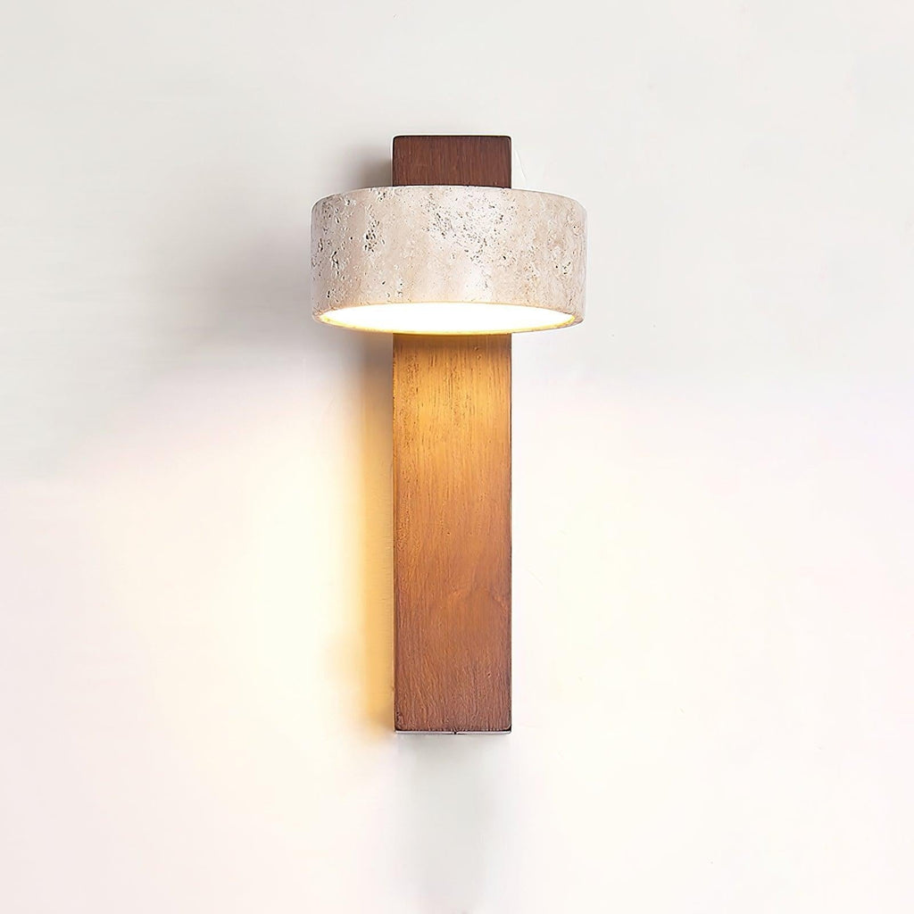 Lumiris wall light in travertine and wood, natural design, warm 3000K light.