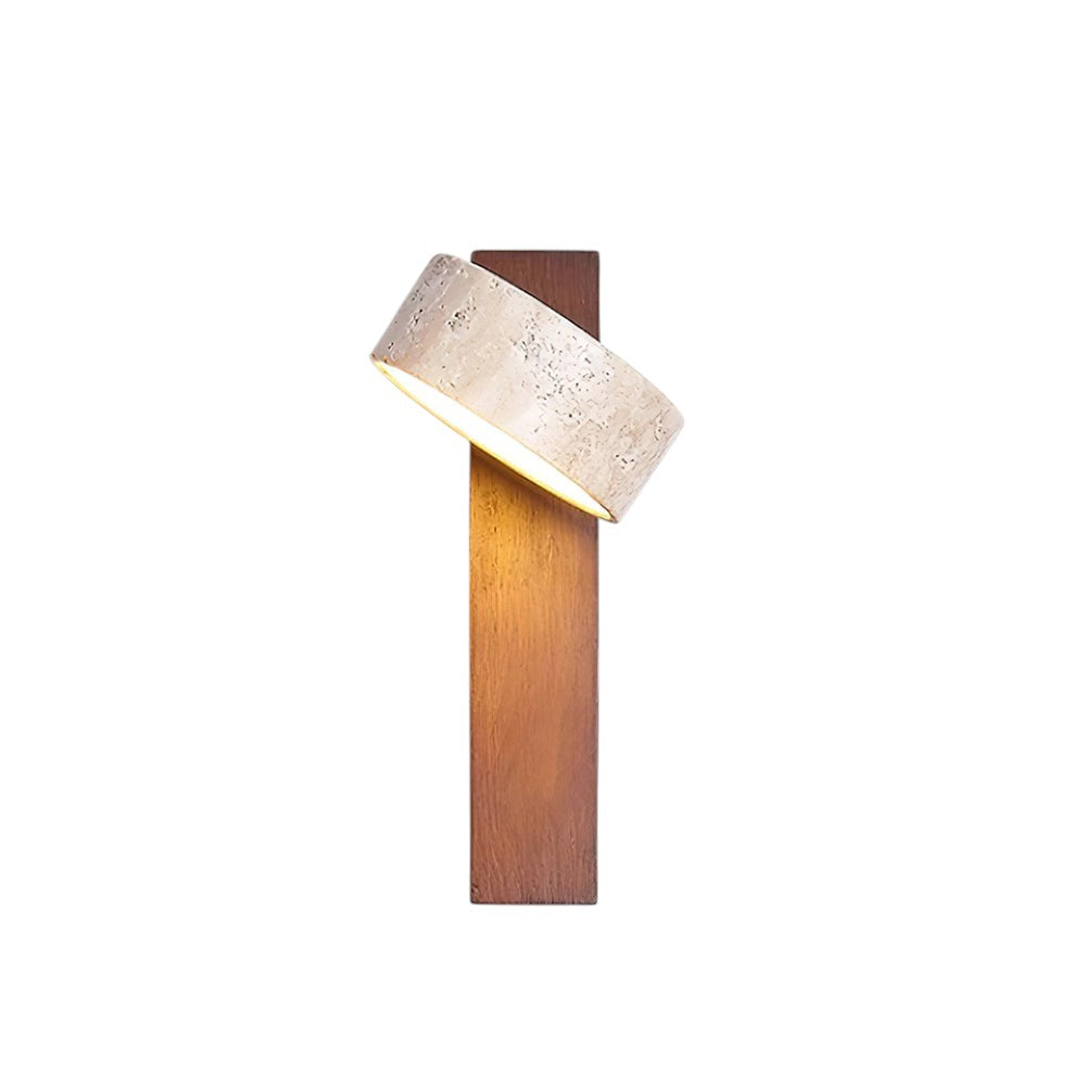 Lumiris wall light in travertine and wood, natural design, warm interior lighting.