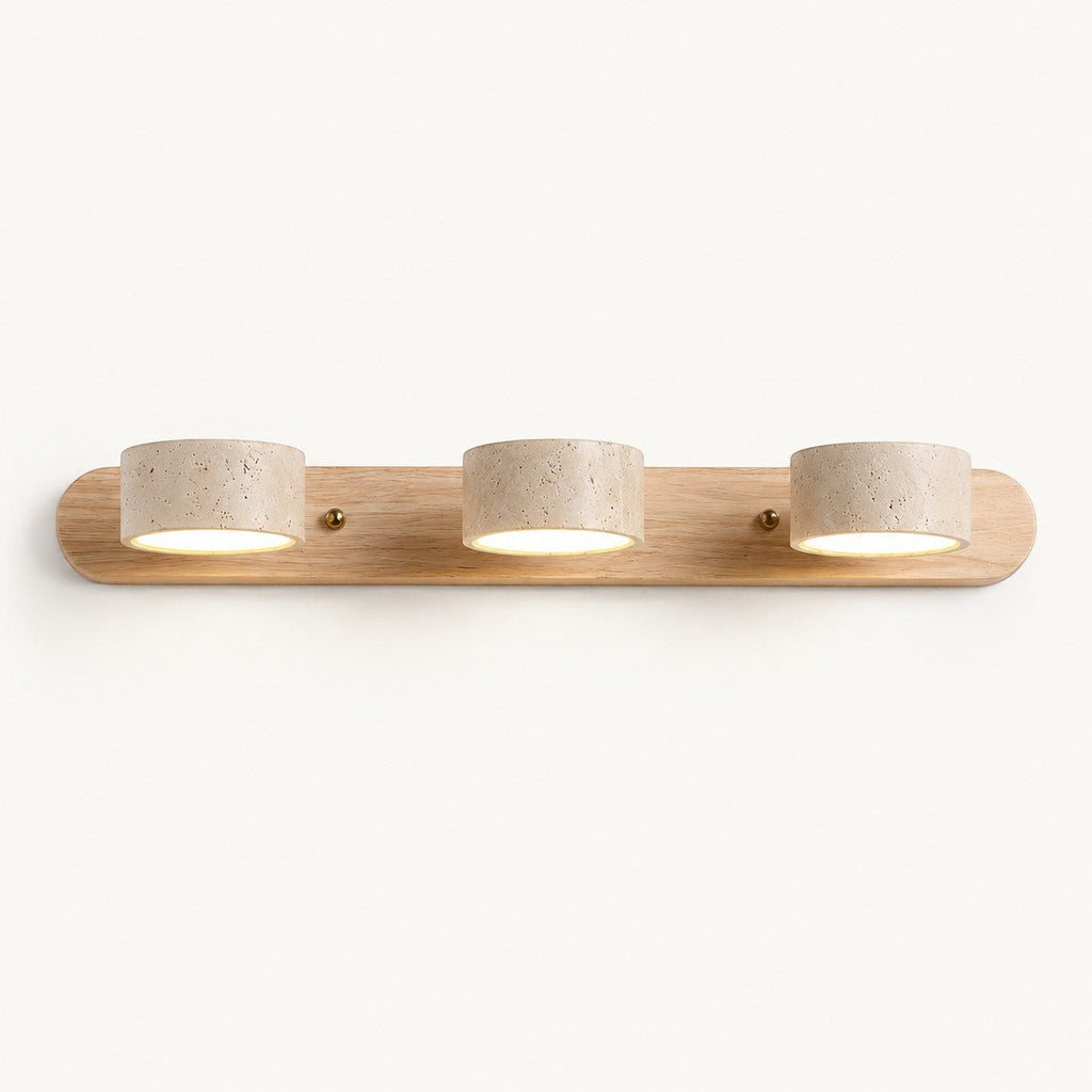 Lumiris travertine and pale wood wall light, minimalist design with 3 luminous cylinders.