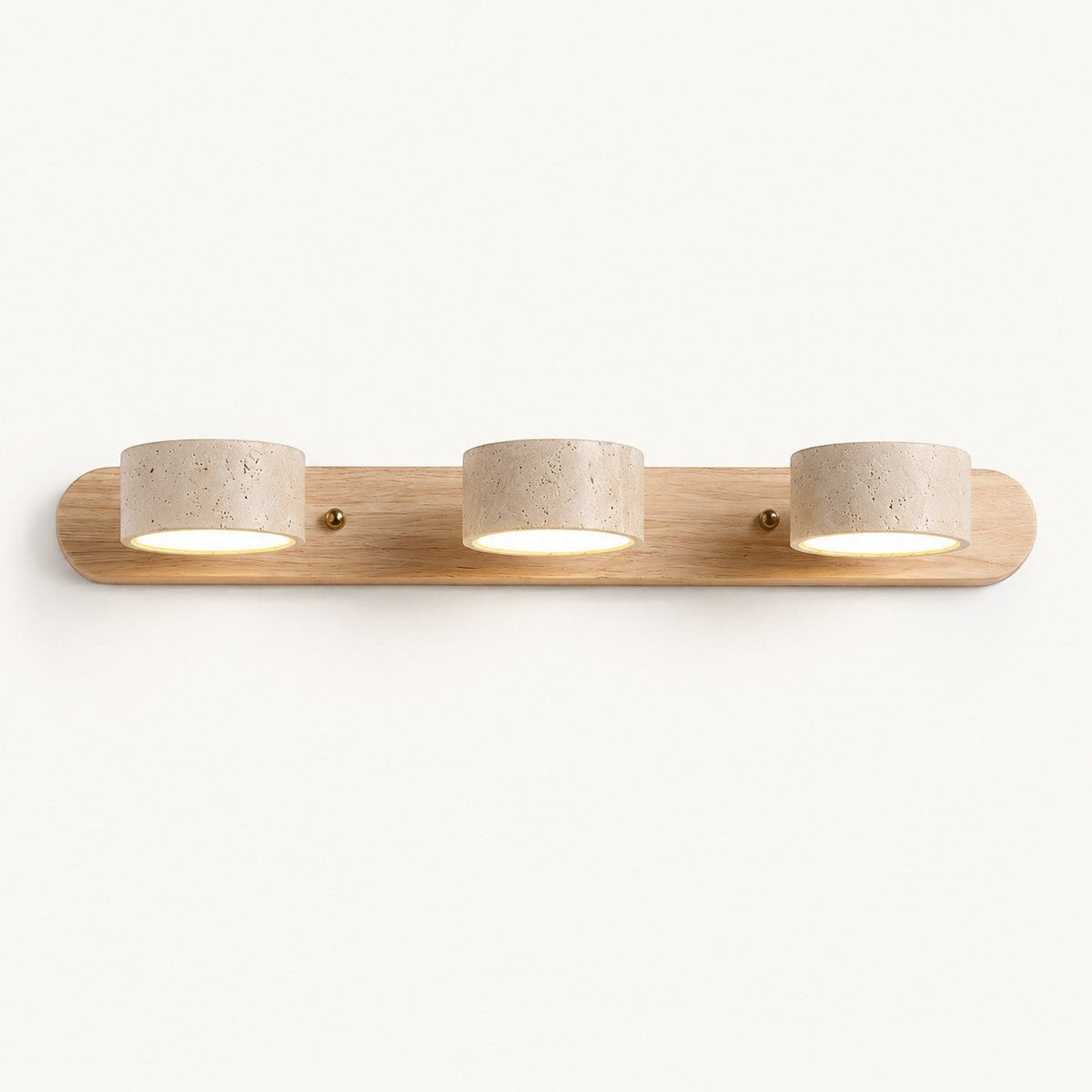 Lumiris travertine and pale wood wall light, minimalist design with 3 luminous cylinders.