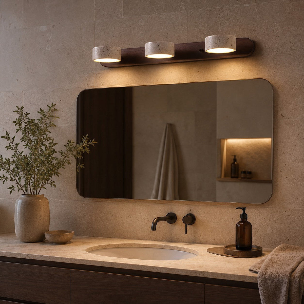 Lumiris travertine and wood wall light, minimalist indoor lighting, 3 round lights.