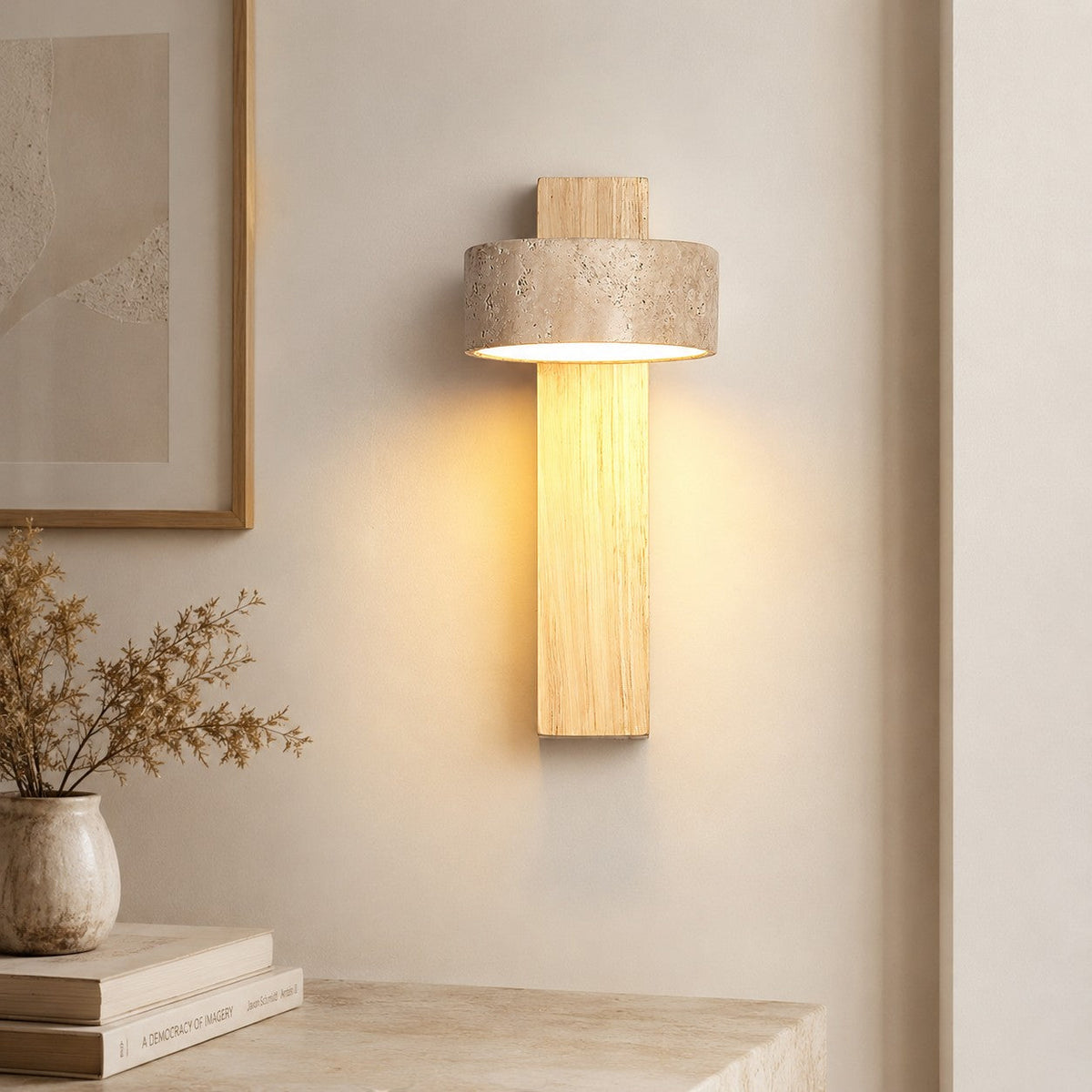 Lumiris wall light in travertine and wood, natural design, warm 3000K light.