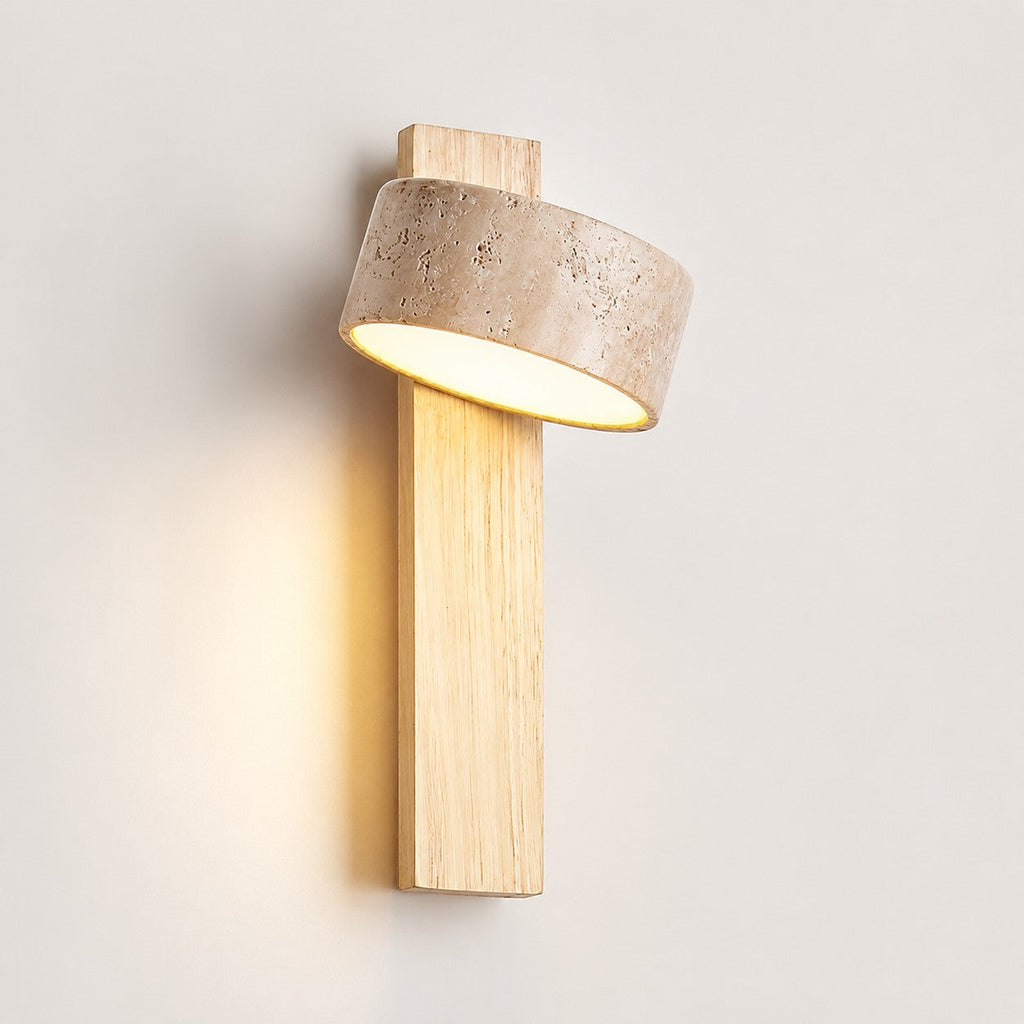 Lumiris wall light in travertine and wood, natural design, warm 3000K light.