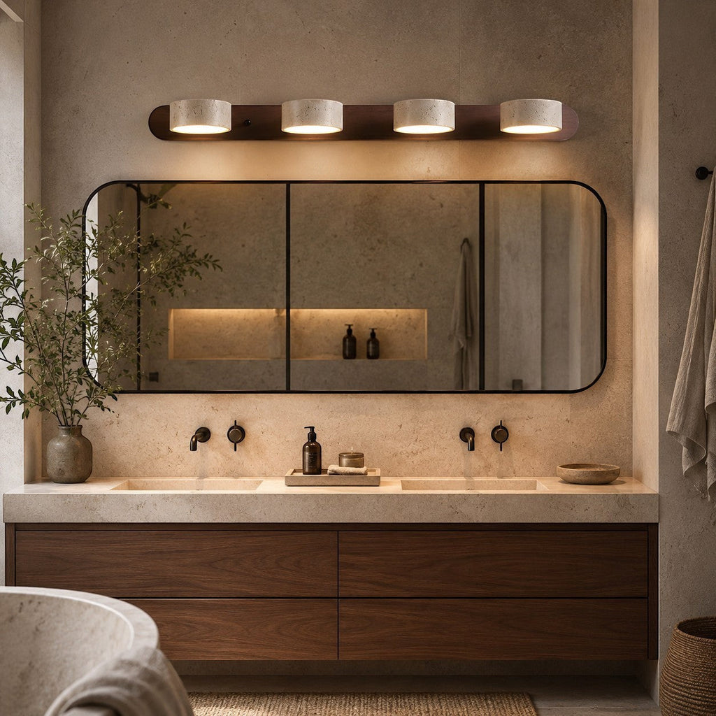 Lumiris travertine and wood wall light, minimalist indoor lighting.