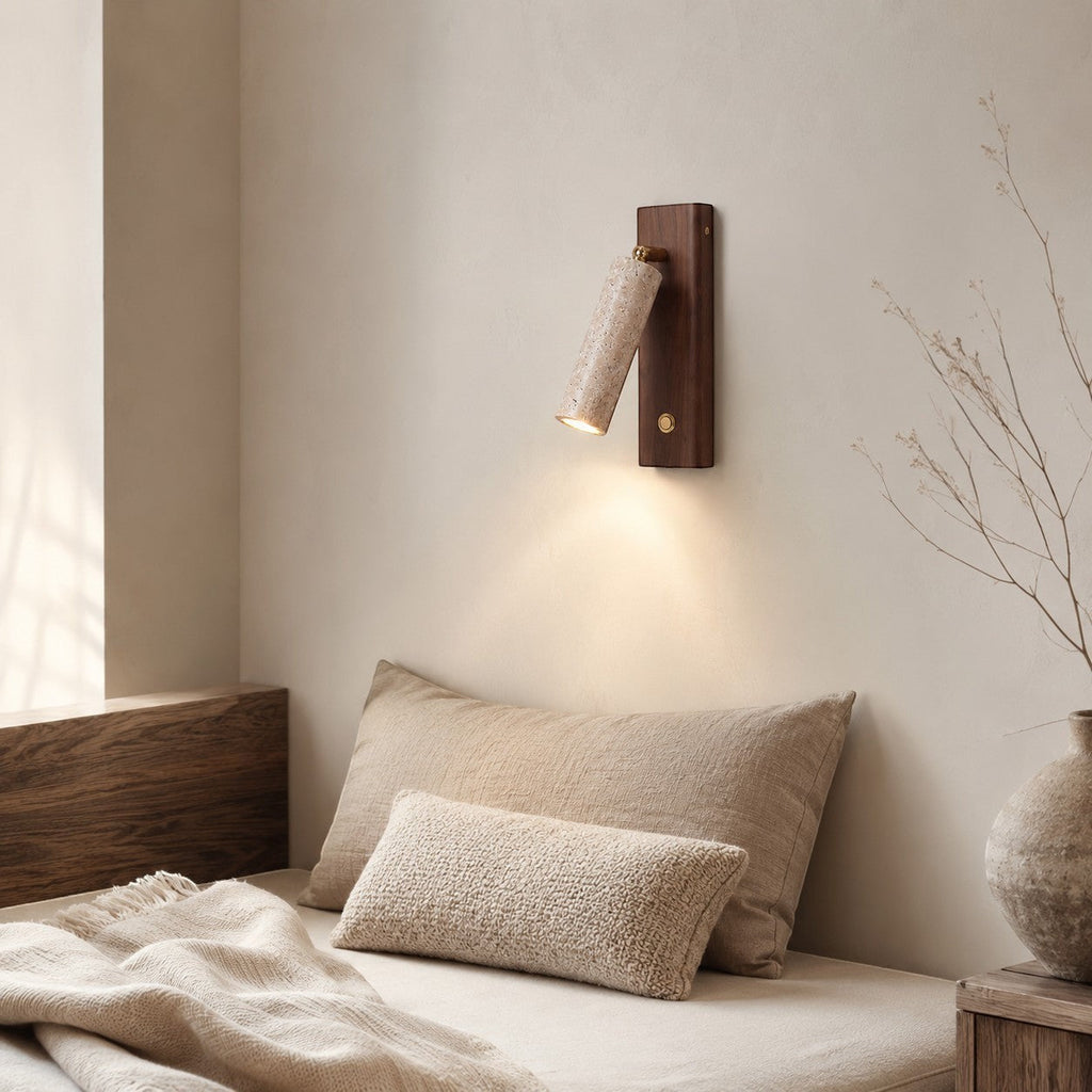Lumiris cylindrical wall light in yellow travertine and walnut, adjustable LED lighting.