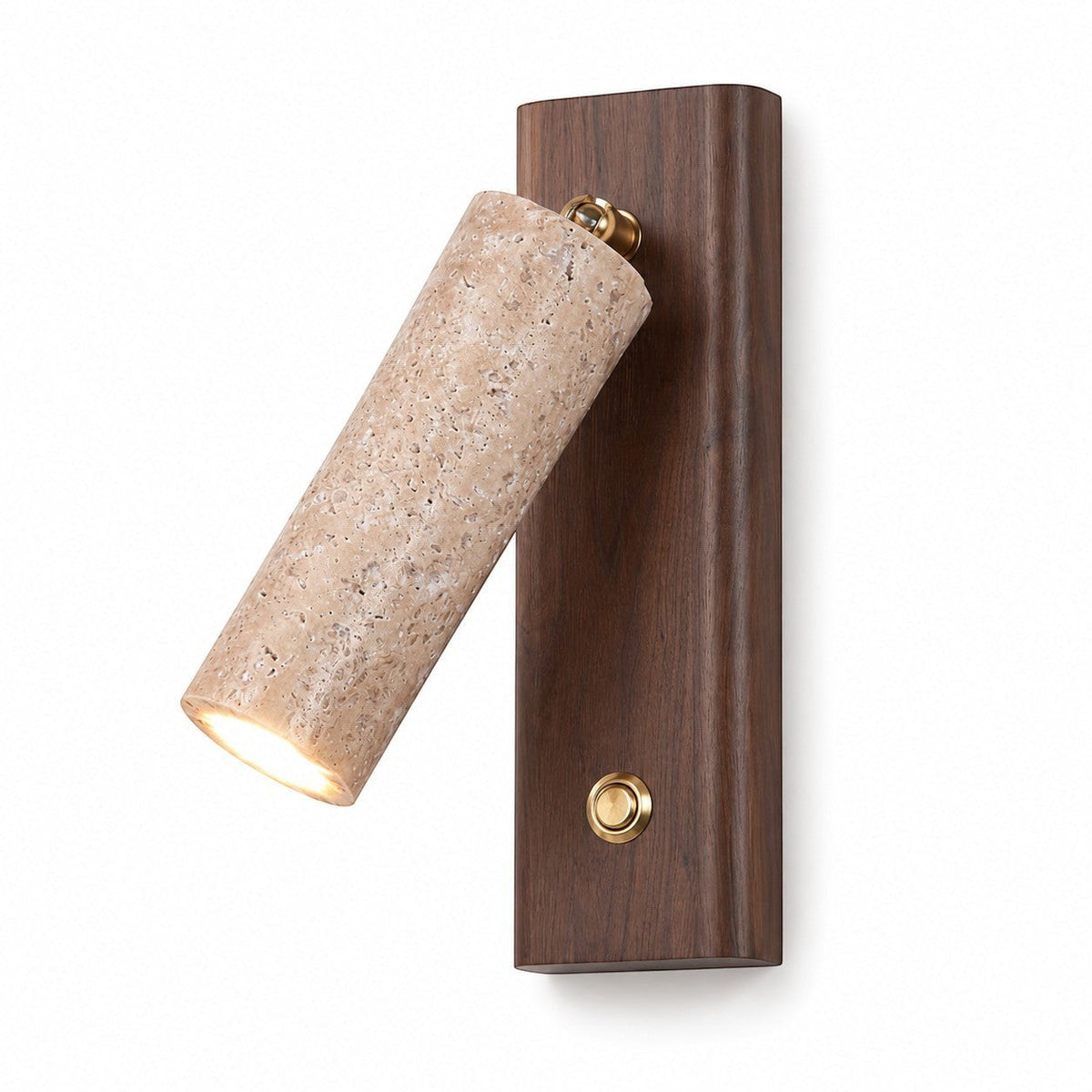 Lumiris cylindrical wall light in yellow travertine and walnut, adjustable LED lighting, modern design.