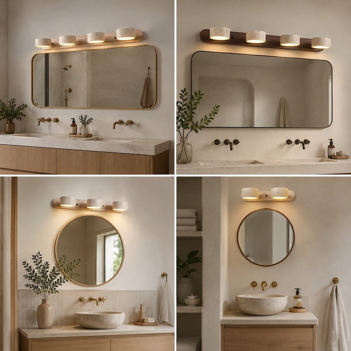 Lumiris travertine wall light with 3 or 4 natural stone cylinders, soft ambient lighting.