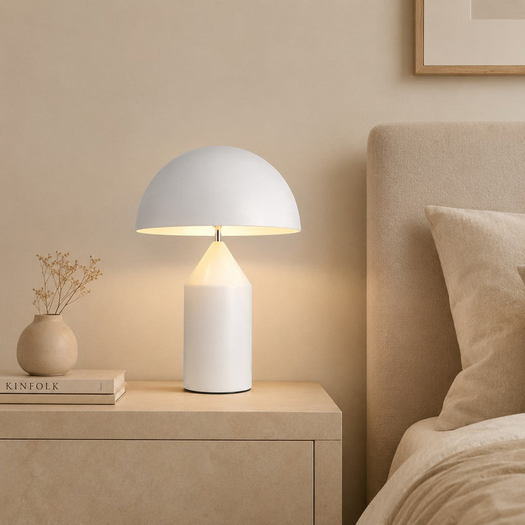 White metal mushroom table lamp by Lumiris, modern design for a home office or bedroom.