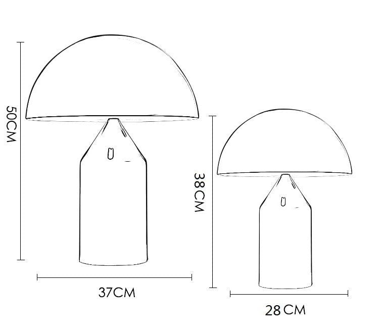 Lumiris mushroom table lamp in metal, modern design, available in black, white and gold. Sizes 50cm (19.7") and 38cm (15.0").