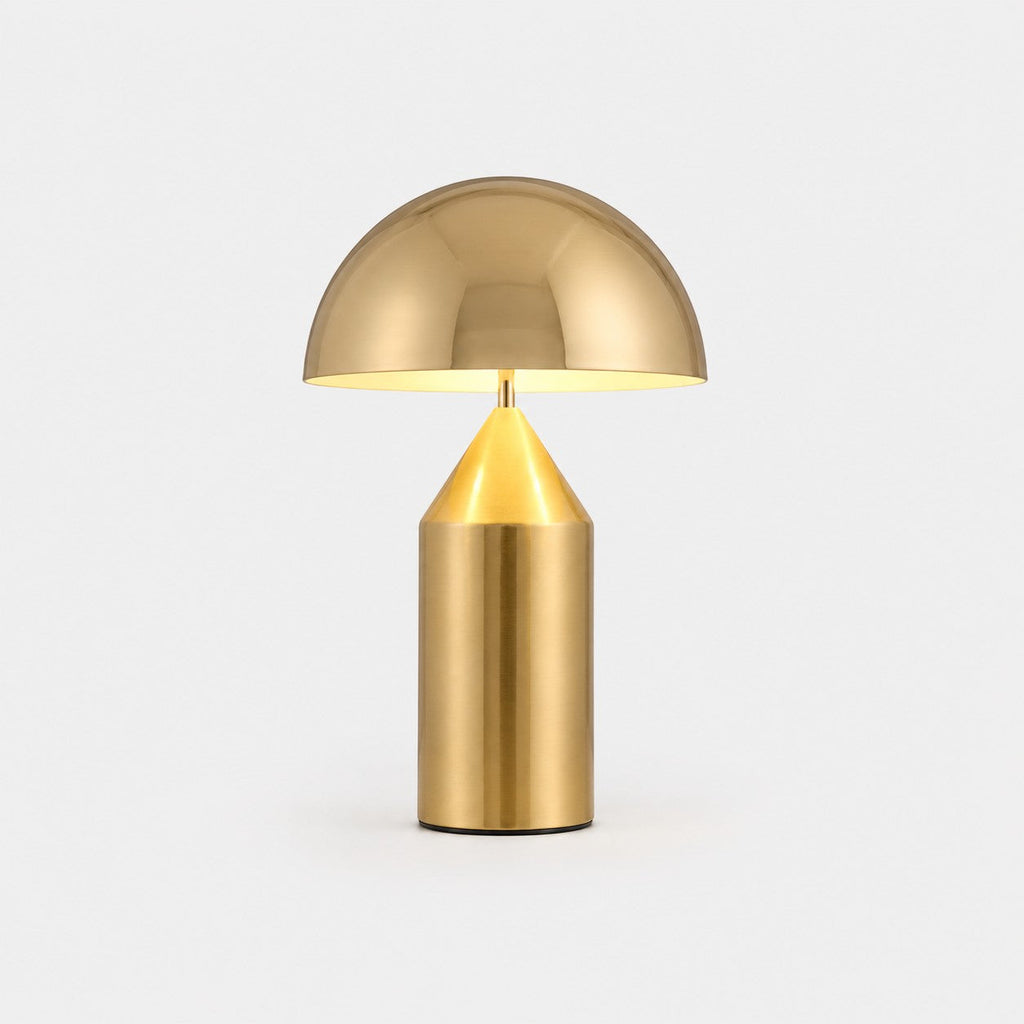 Lumiris mushroom table lamp in gold metal, modern design for a home office or bedroom.