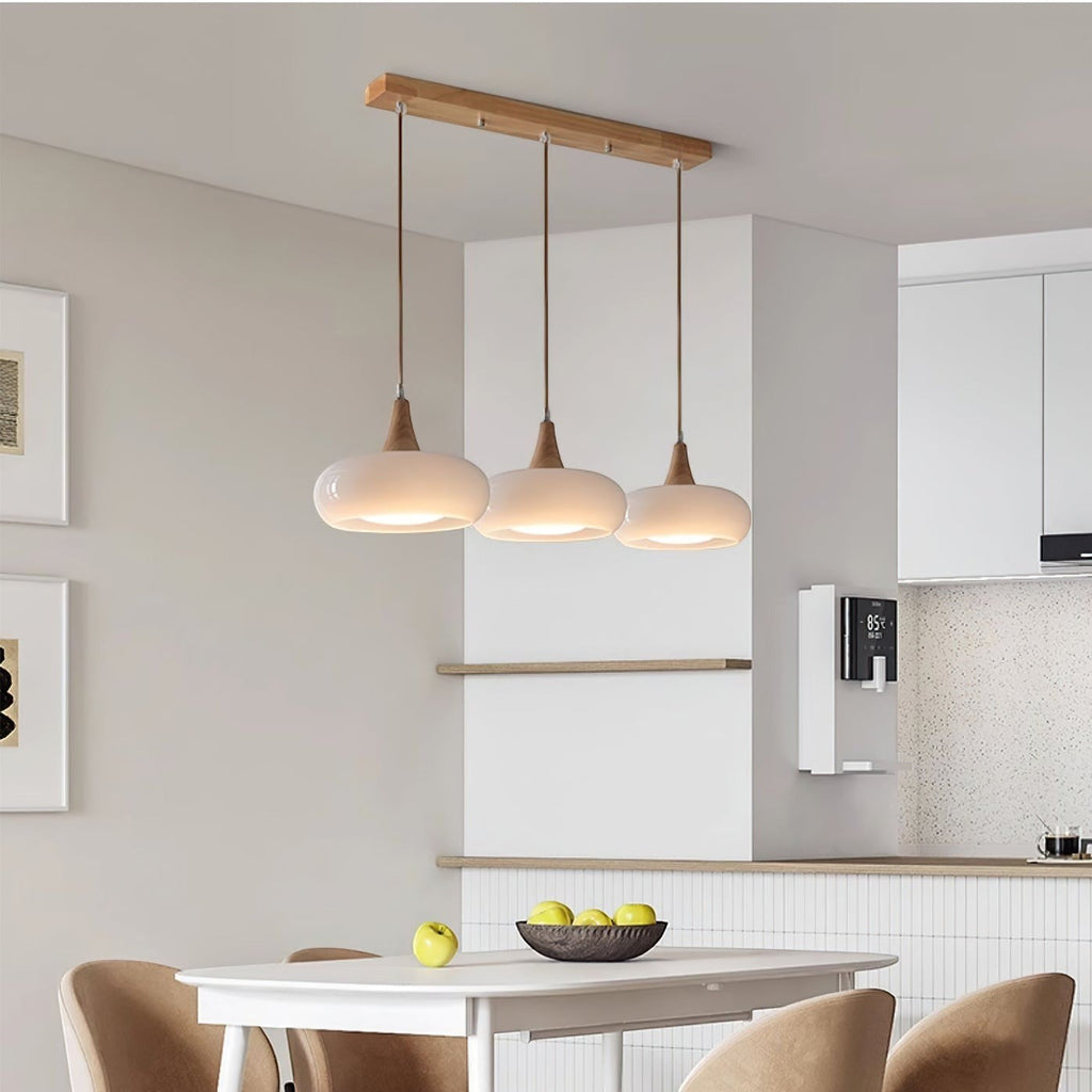 Lumiris wood and amber glass pendant light, 3 milky white shades, modern style, ambient lighting