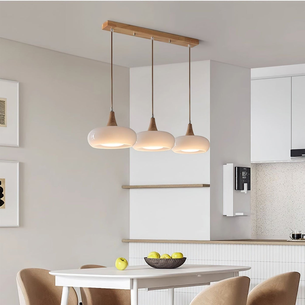Lumiris wood and amber glass pendant light, 3 milky white shades, modern style, ambient lighting