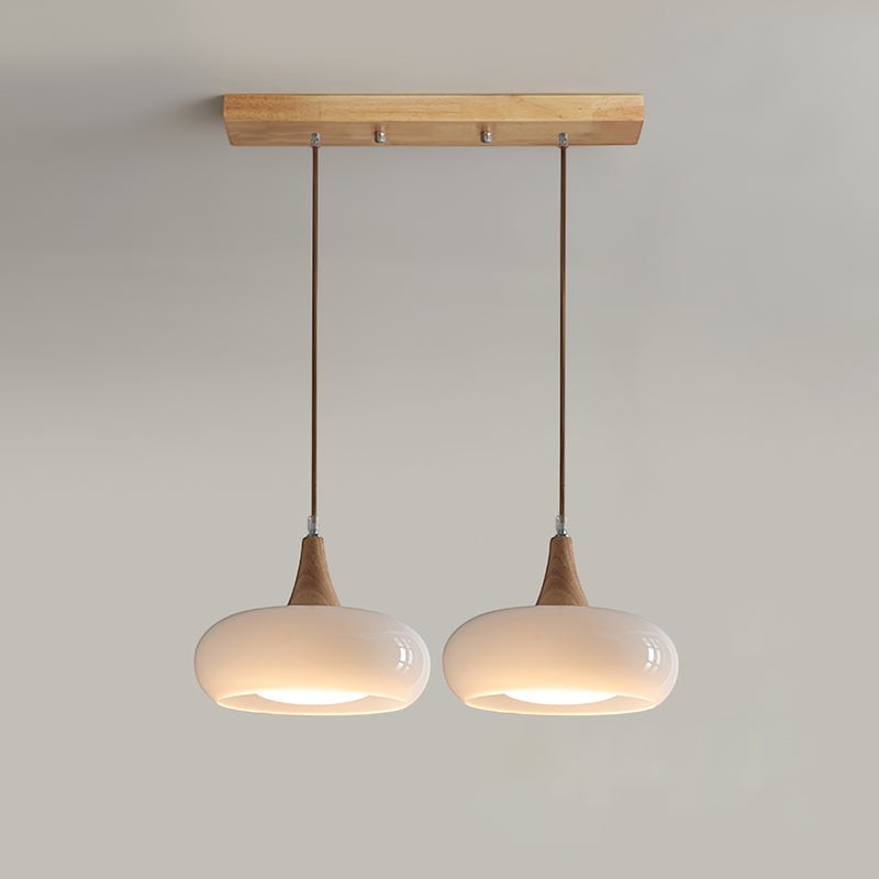 Lumiris double-shade white glass and wood pendant light, modern style for a living room or kitchen.